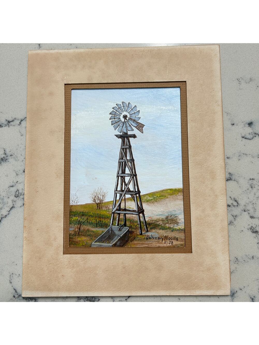 Johnny Woods Rural Windmill Painting 1978 Matted 4.5 x 6.5 in